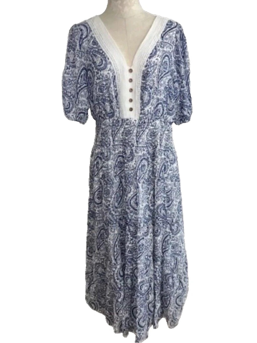 J Gee Tiered Peasant Maxi Dress Puff Sleeve Blue Paisley Print Smocked Cottage
